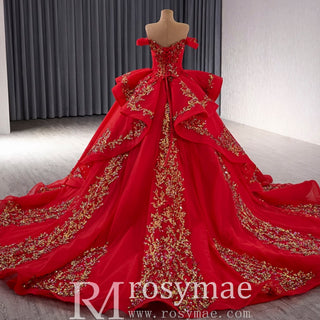 Off the Shoulder Blush Ruffle Wedding Dress with Detachable Overskirt - Rosymae