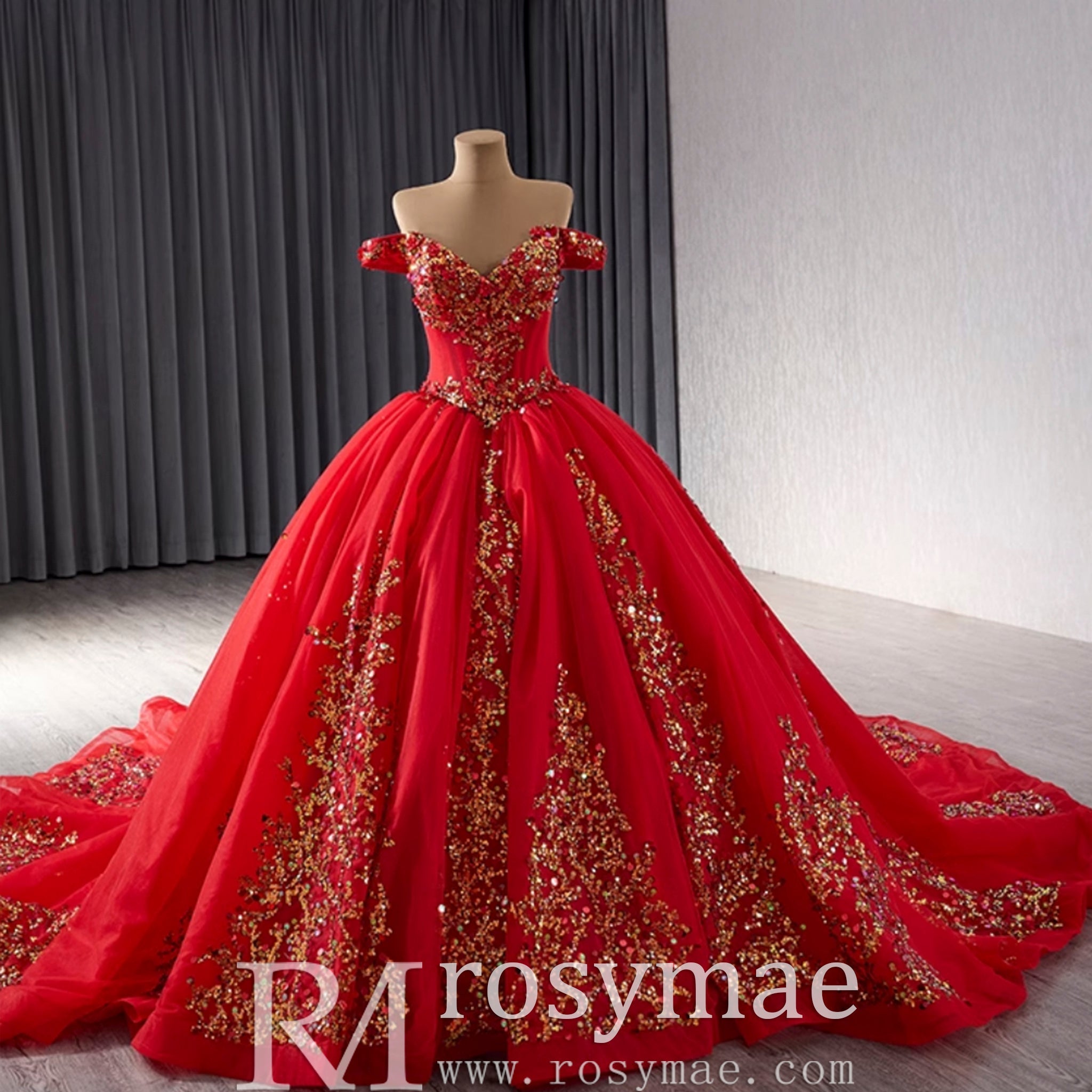 Off the Shoulder Blush Ruffle Wedding Dress with Detachable Overskirt - Rosymae