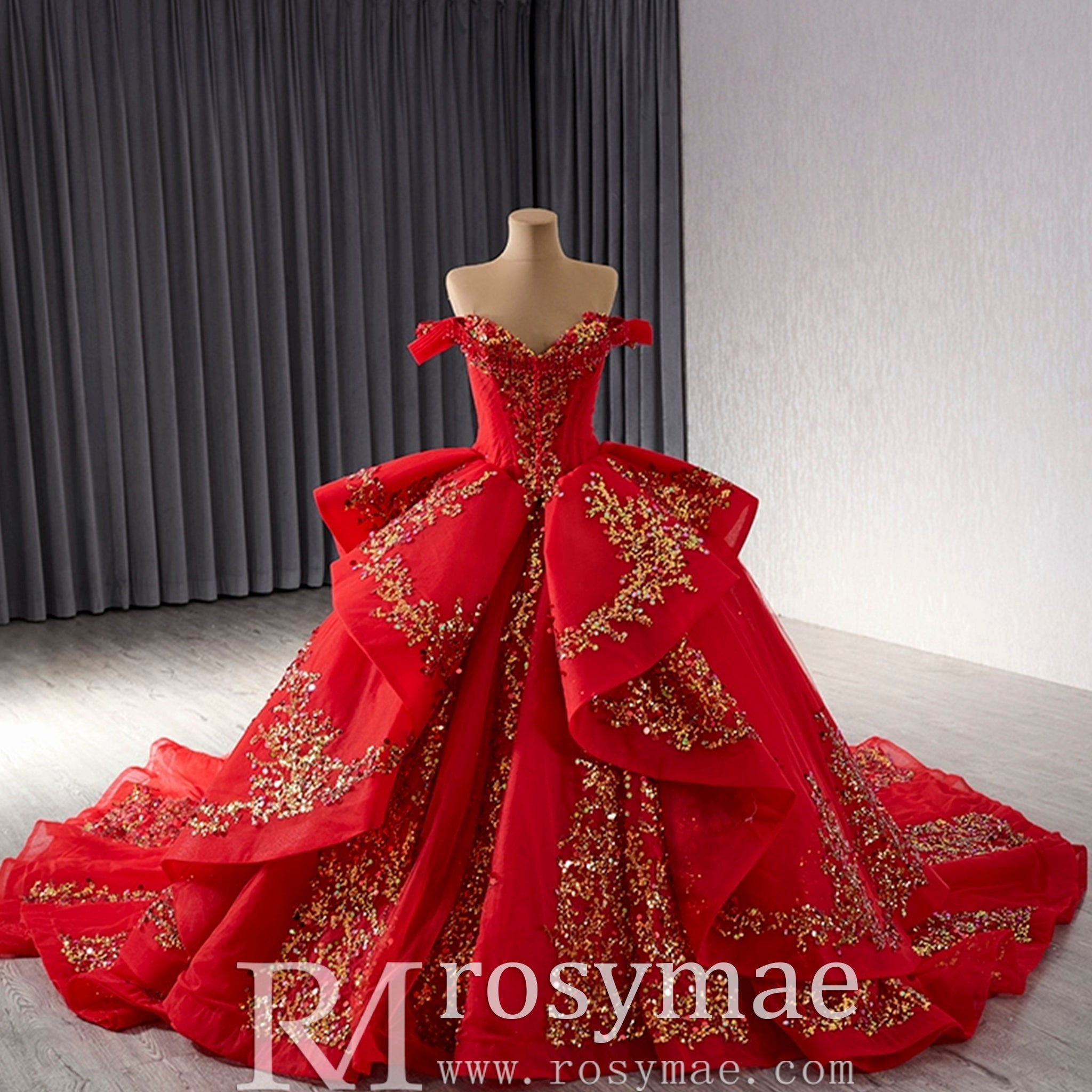 Off the Shoulder Blush Ruffle Wedding Dress with Detachable Overskirt - Rosymae