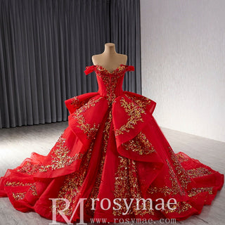 Off the Shoulder Blush Ruffle Wedding Dress with Detachable Overskirt - Rosymae