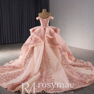 Off the Shoulder Blush Ruffle Wedding Dress with Detachable Overskirt - Rosymae