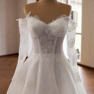 Off-the-Shoulder Bridal Gown with Long Sleeves A-Line Lace Wedding Dress - Rosymae