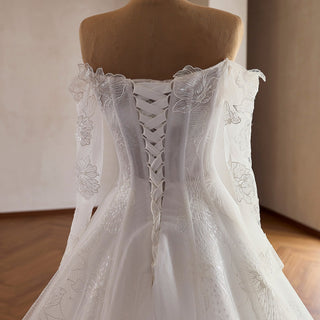 Off-the-Shoulder Bridal Gown with Long Sleeves A-Line Lace Wedding Dress - Rosymae