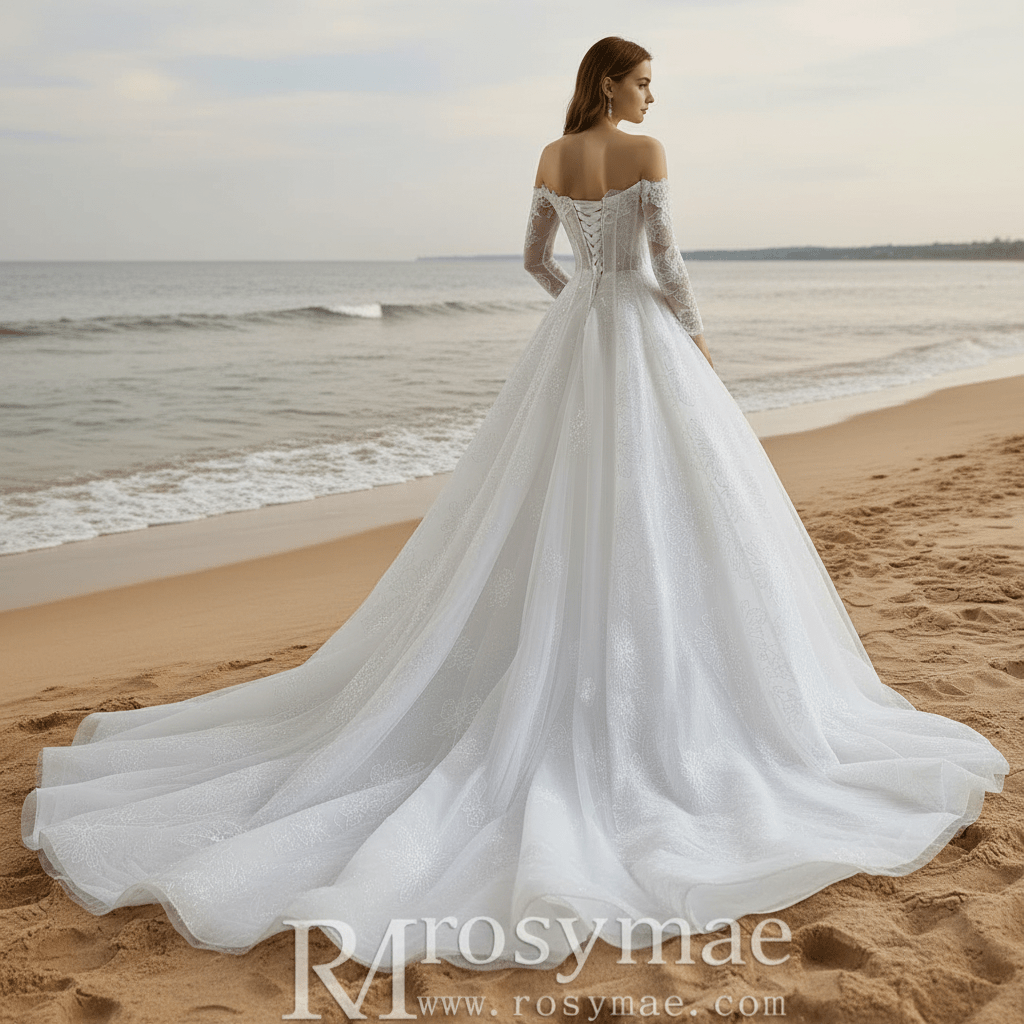 Off-the-Shoulder Bridal Gown with Long Sleeves A-Line Lace Wedding Dress - Rosymae