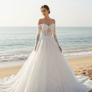 Off-the-Shoulder Bridal Gown with Long Sleeves A-Line Lace Wedding Dress - Rosymae