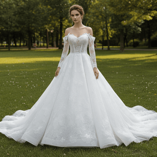 Off-the-Shoulder Bridal Gown with Long Sleeves A-Line Lace Wedding Dress - Rosymae