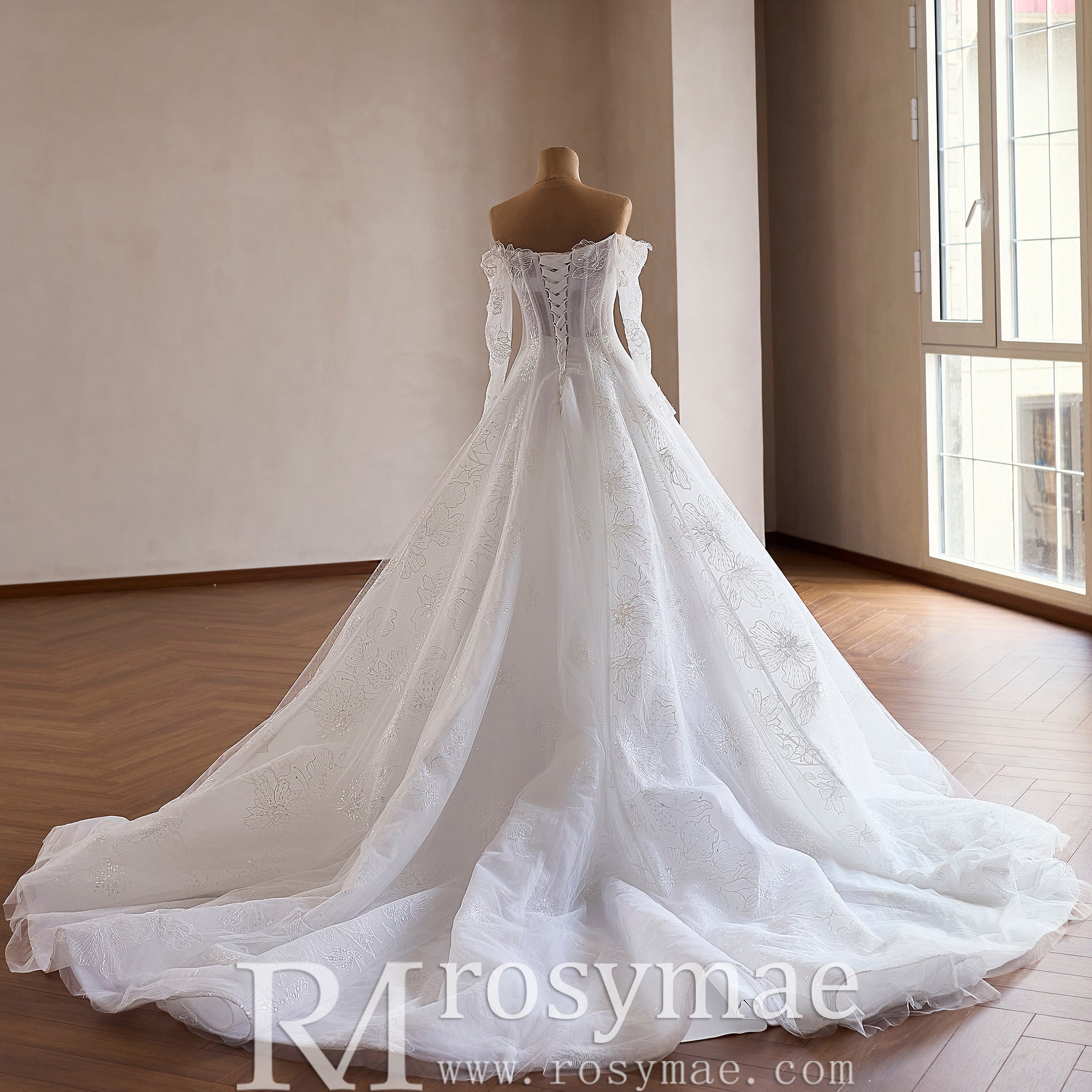 Off-the-Shoulder Bridal Gown with Long Sleeves A-Line Lace Wedding Dress - Rosymae