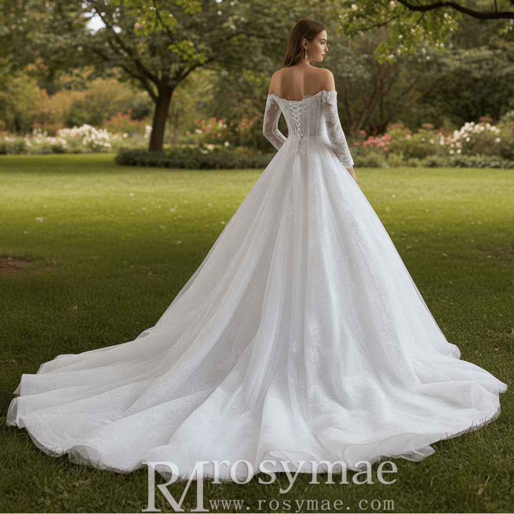 Off-the-Shoulder Bridal Gown with Long Sleeves A-Line Lace Wedding Dress - Rosymae