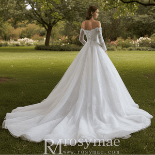 Off-the-Shoulder Bridal Gown with Long Sleeves A-Line Lace Wedding Dress - Rosymae
