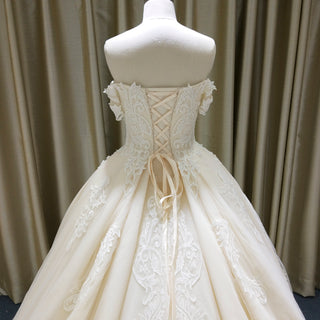 Elegant Champagne Off the Shoulder Ball Gown Wedding Dress with Pleated