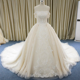 Elegant Champagne Off the Shoulder Ball Gown Wedding Dress with Pleated
