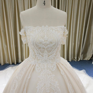 Elegant Champagne Off the Shoulder Ball Gown Wedding Dress with Pleated