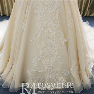 Elegant Champagne Off the Shoulder Ball Gown Wedding Dress with Pleated