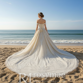 Elegant Champagne Off the Shoulder Ball Gown Wedding Dress with Pleated