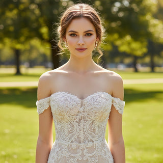 Off the Shoulder Champagne Floral Lace Mermaid Wedding Dresses - Rosymae