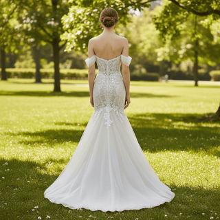Off the Shoulder Champagne Floral Lace Mermaid Wedding Dresses - Rosymae