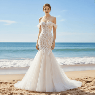 Off the Shoulder Champagne Floral Lace Mermaid Wedding Dresses - Rosymae