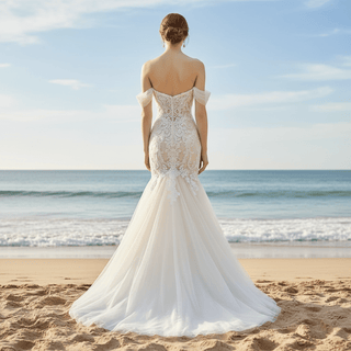 Off the Shoulder Champagne Floral Lace Mermaid Wedding Dresses - Rosymae
