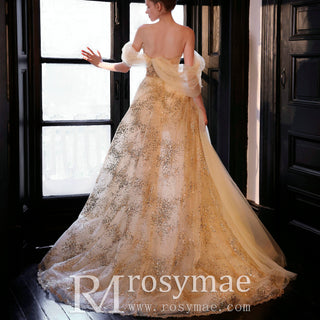Champagne Gold Wedding Dress Sequins Princess Wedding Gown