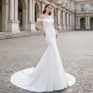 Off-Shoulder Satin Mermaid Wedding Dress Bridal Gown for Bride