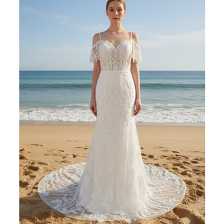 Sheer Bodice Off Shoulder Fit and Flare Mermaid Wedding Dress