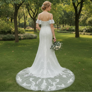 Sheer Bodice Off Shoulder Fit and Flare Mermaid Wedding Dress