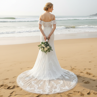 Sheer Bodice Off Shoulder Fit and Flare Mermaid Wedding Dress