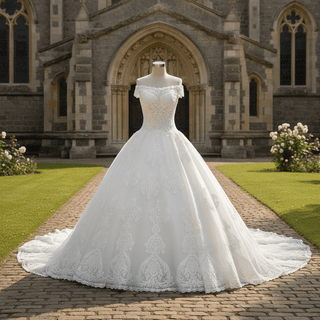 Off the Shoulder Floral Lace Appliqued with Beads Wedding Dress - Rosymae