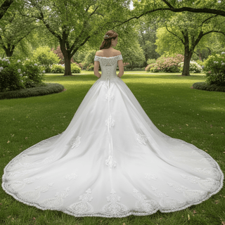 Off the Shoulder Floral Lace Appliqued with Beads Wedding Dress - Rosymae