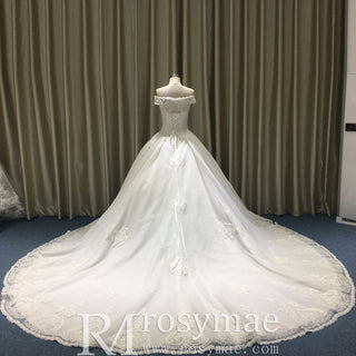Off the Shoulder Floral Lace Appliqued with Beads Wedding Dress - Rosymae