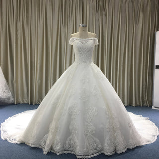 Off the Shoulder Floral Lace Appliqued with Beads Wedding Dress - Rosymae