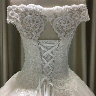 Off the Shoulder Floral Lace Appliqued with Beads Wedding Dress - Rosymae