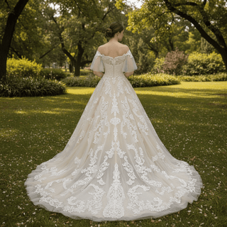 Off the Shoulder Floral Lace Ball Gown Wedding Dress with Flutter Sleeve - Rosymae