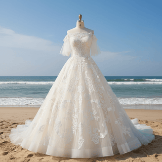 Off the Shoulder Floral Lace Ball Gown Wedding Dress with Flutter Sleeve - Rosymae