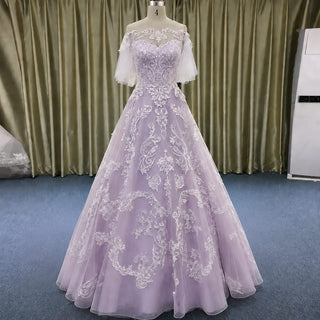 Off the Shoulder Floral Lace Ball Gown Wedding Dress with Flutter Sleeve