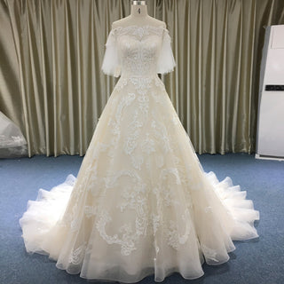 Off the Shoulder Floral Lace Ball Gown Wedding Dress with Flutter Sleeve - Rosymae