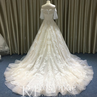 Off the Shoulder Floral Lace Ball Gown Wedding Dress with Flutter Sleeve - Rosymae