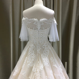 Off the Shoulder Floral Lace Ball Gown Wedding Dress with Flutter Sleeve - Rosymae