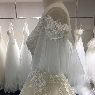 Off the Shoulder Floral Lace Ball Gown Wedding Dress with Flutter Sleeve - Rosymae