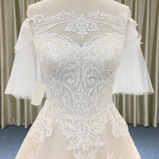Off the Shoulder Floral Lace Ball Gown Wedding Dress with Flutter Sleeve - Rosymae
