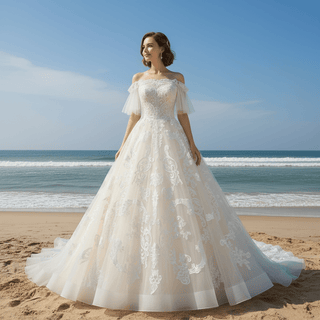 Off the Shoulder Floral Lace Ball Gown Wedding Dress with Flutter Sleeve - Rosymae
