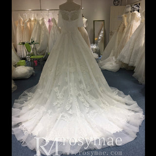 Off the Shoulder Floral Lace Ball Gown Wedding Dress with Flutter Sleeve - Rosymae