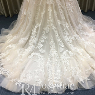 Off the Shoulder Floral Lace Ball Gown Wedding Dress with Flutter Sleeve - Rosymae
