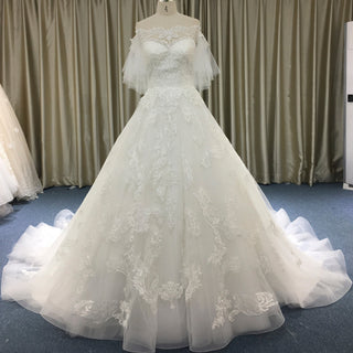 Off the Shoulder Floral Lace Ball Gown Wedding Dress with Flutter Sleeve - Rosymae