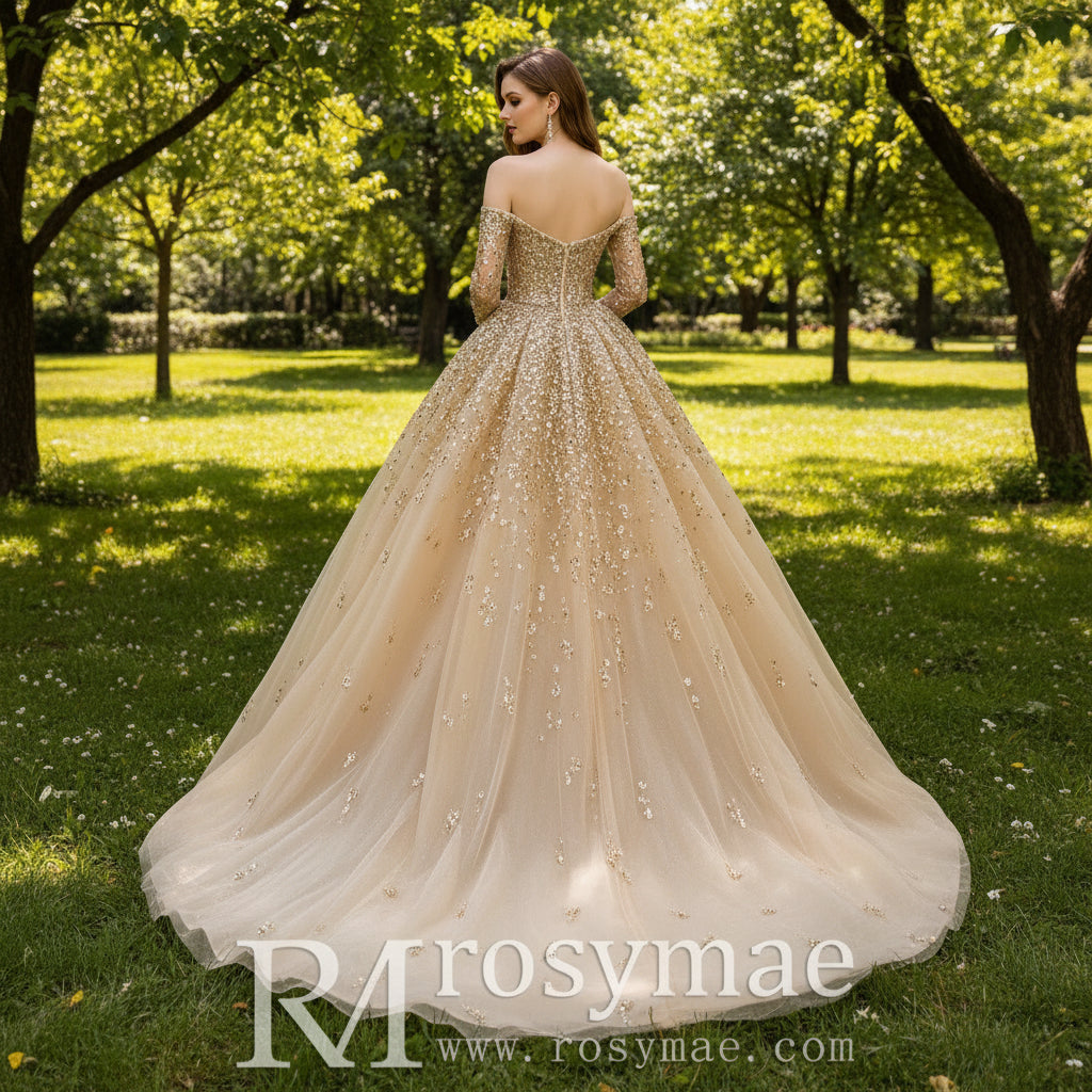 Off the Shoulder Gold Sparkle Wedding Dress with Detachable Train Gold / Custom Size Off the Shoulder Gold Sparkle Wedding Dress with Detachable Train Gold / Custom Size