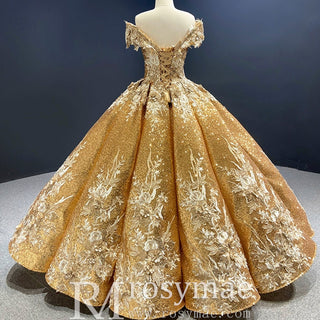 Off the Shoulder Gold Floral Quinceañera Dresses Formal Gown - Rosymae