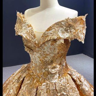Off the Shoulder Gold Floral Quinceañera Dresses Formal Gown - Rosymae