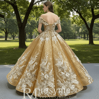 Off the Shoulder Gold Floral Quinceañera Dresses Formal Gown - Rosymae