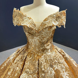Off the Shoulder Gold Floral Quinceañera Dresses Formal Gown - Rosymae