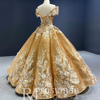Off the Shoulder Gold Floral Quinceañera Dresses Formal Gown - Rosymae